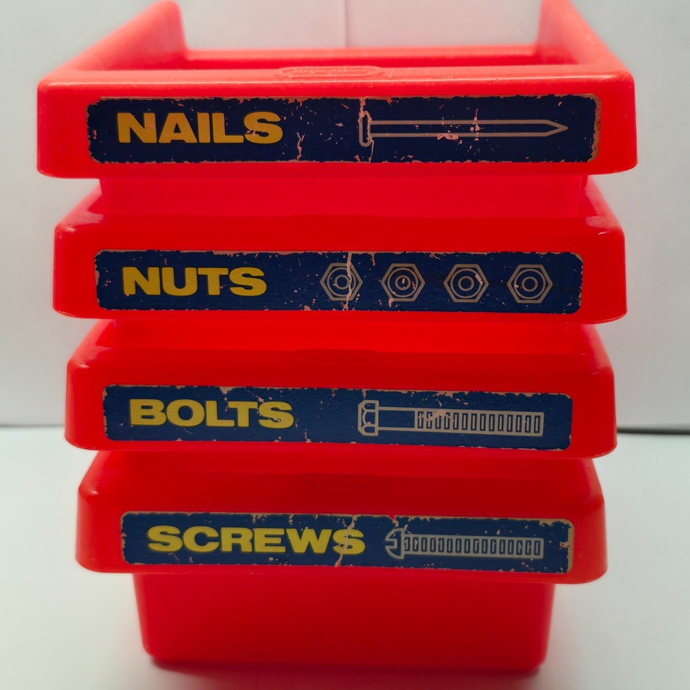 Little Tikes Vintage Workshop Stacking Bins Kids Red 4pc Set Nail Nut Bolt Screw